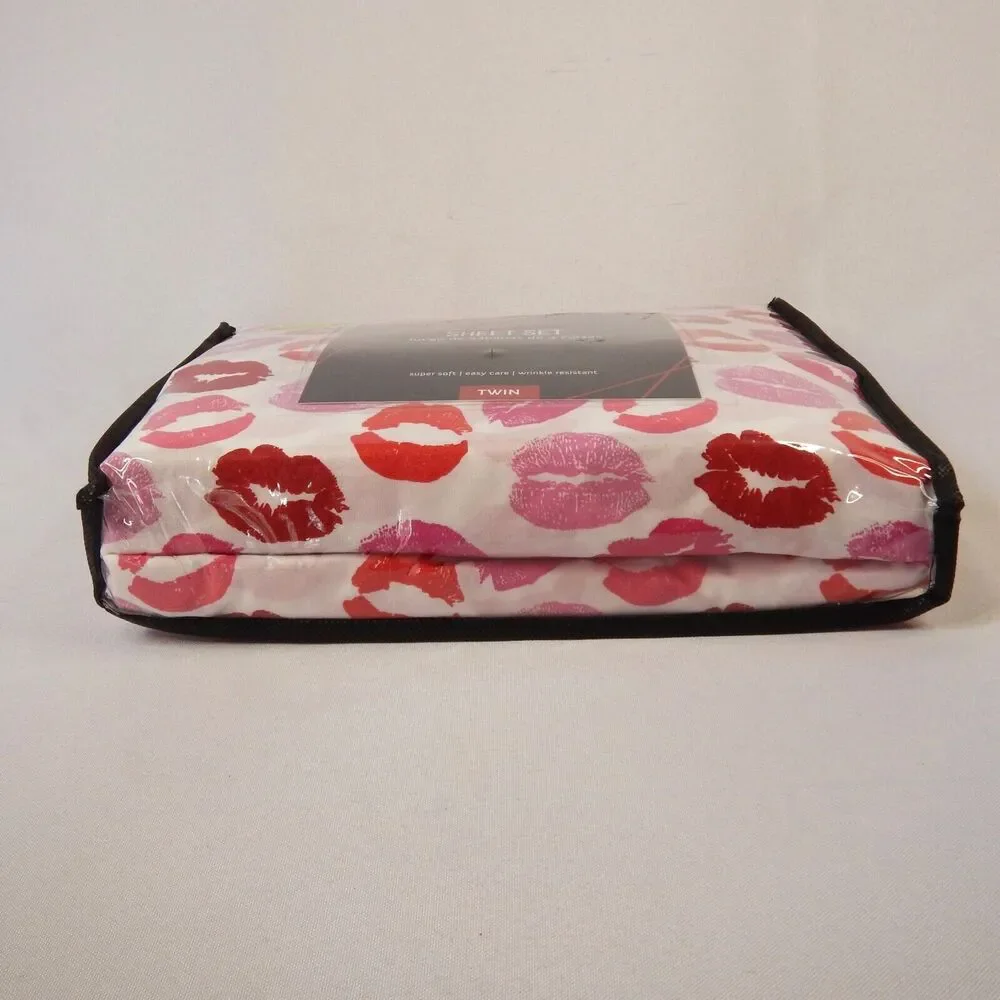 Valentines Day Red Pink Lips KISS  Love Lipstick TWIN Sheet 3 pc Set Girls Teen